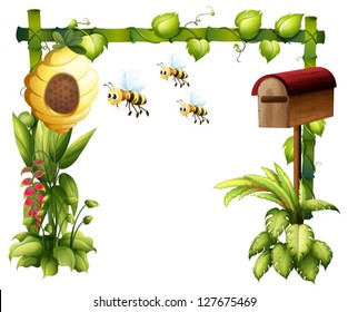 Illustration of bees in the garden with a mailbox on a white background