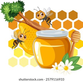Illustration of bees, honey jar, and honeycomb