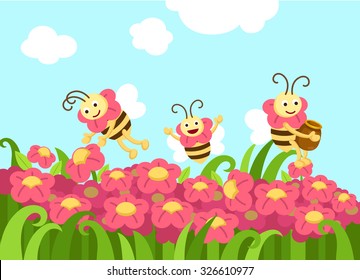 Illustration of bees looking for foods vector