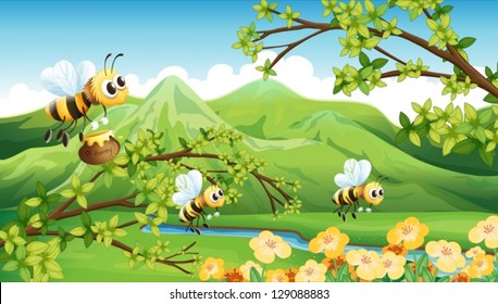 Illustration of bees near the mountain