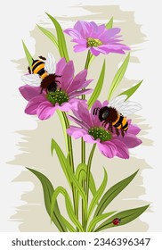 Illustration with bees on flowers.Vector illustration with bright bees and flowers on a colored background.