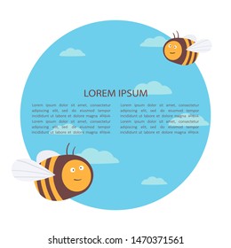 Illustration with bees and place for text, poster design. Colorful background vector. Cartoon wallpaper. Hand drawn backdrop, insects