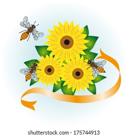 Illustration of bees with sunflowers