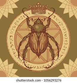 Illustration of a beetle and crown on a circle with an octagonal star, magical inscriptions and symbols. Vector abstract banner in retro style