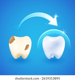 ilustração de antes e depois da cavidade e cárie dentária com dentes fortes e saudáveis mostrando hígenos dentários e orais. Teeth Whitening Saúde e conceito médico