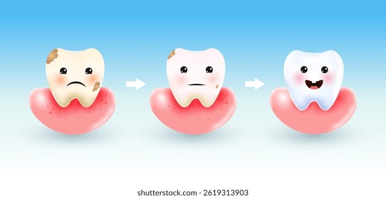 illustration of before and after of cavity and tooth decay with strong healthy teeth showing dental and oral hygine. Teeth Whitening Healthcare and Medical Concept