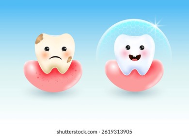 illustration of before and after of cavity and tooth decay with strong healthy teeth showing dental and oral hygine. Teeth Whitening Healthcare and Medical Concept