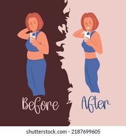 The illustration before and after. A fat and slim girl takes a selfie. Sports help you lose weight