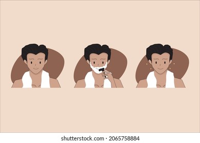 illustration Before and after man shaving his face.   man prepping face shaving. 