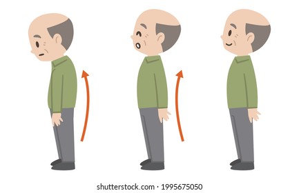 Ilustración de antes y después de un anciano doblado hacia atrás