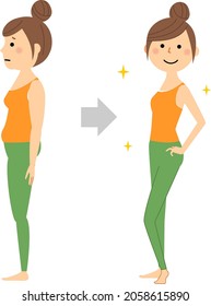 It is an illustration of before and after of a woman who succeeded in dieting.