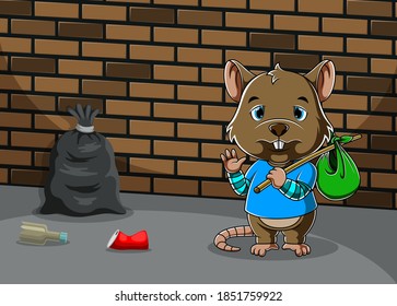 The illustration of beggar mouse standing and holding his bag with the sad face