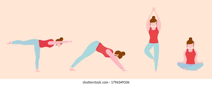 illustration of beginner yoga movements, women doing yoga for beginners