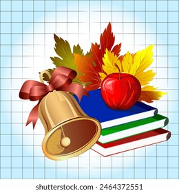 Illustration for the beginning of the school year.Colored vector illustration with a school bell, books and autumn leaves on the background of a checkered notebook sheet.