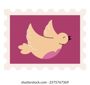 Illustration of a beige bird with pink accents on a postage stamp design. Perfect for romantic projects, Valentine’s Day, or decorative purposes. Simple and charming flat design