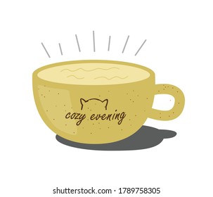 illustration with beige ceramic tea mug with handle and lettering cozy evening