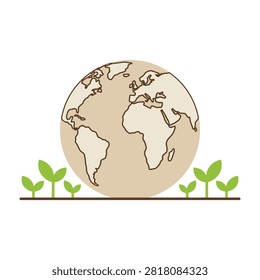 Illustration of a beige Earth globe with small green plants sprouting from soil, representing eco-friendly and sustainable concepts