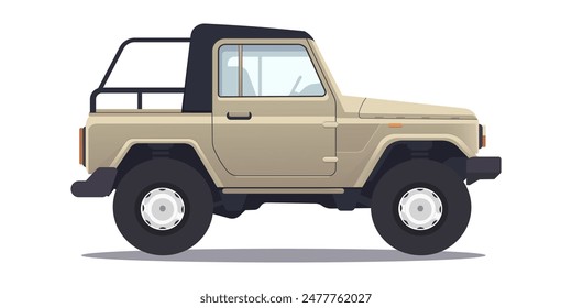 Illustration of a beige off-road vehicle, flat graphic style, against a white background. Concept of adventure and outdoor travel. Vector illustration