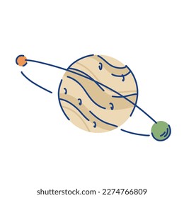 Illustration of a beige planet behind waves on the surface, a ring and two satellites