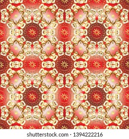Illustration in beige and red colors. Paisley watercolor floral pattern tile with flowers, flores, leaves. Abstract background. Vector art. Oriental traditional hand painted seamless border for design
