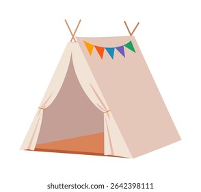 Illustration of a beige tent decorated with a colorful pennant banner on white background