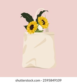 Illustration of a beige tote bag with sunflowers and leaves. Tote bag design features sunflowers. Beige tote bag with floral elements on a pink background. Vector illustration.