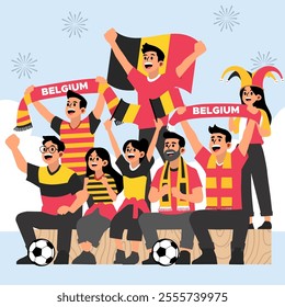 Illustration of Belgium Football Fans Cheering with Flags and Soccer Spirit