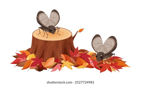 Illustration of a bell cricket on fallen leaves and a stump_Autumn_Autumn leaves