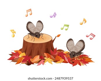 Illustration of bell crickets chirping on fallen leaves and stumps_Autumn_Autumn leaves