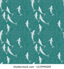 illustration with beluga whales in clear ocean, clear water, seamless vector pattern