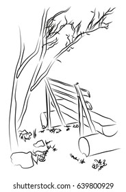 illustration bench under a tree line freehand in black line