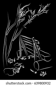 illustration bench under a tree line freehand on black background