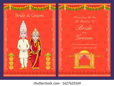 illustration of Bengali couple on Indian Wedding invitation template background