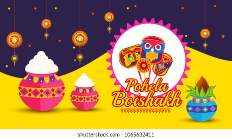 Illustration of bengali new year pohela boishakh greeting card background.
