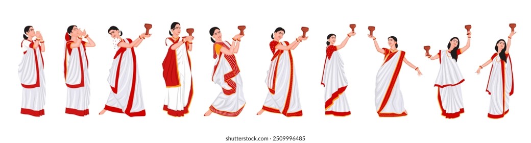 Ilustração da dança dhunuchi praticada por mulheres bengalesas, vestidas de sardos tradicionais com porta-incensos. Puja Dhunuchi Naach