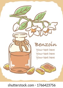 Illustration von Benzoin und Aromatherapie-Flasche. Vektorgrafik.
