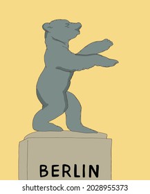 Illustration of Berlin bear. Landmarks of Berlin, Germany. Berlin bear for poster and postcards on yellow background. Sculptor and symbol of Berlin