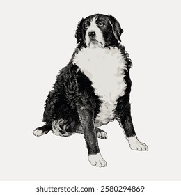 Illustration of a Bernese Mountain Dog. Black and white drawing of a Bernese Mountain Dog. Detailed fur texture of the Bernese Mountain Dog. Vintage dog illustration isolated on white, vector.