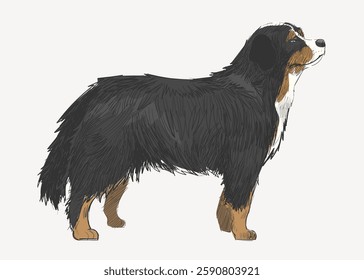 Illustration of a Bernese Mountain Dog with black, white, and brown fur. The dog stands in profile, showcasing its thick, fluffy coat and sturdy build. Vintage animal illustration vector.