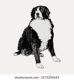 Illustration of a Bernese Mountain Dog sitting. The dog has a fluffy coat, with black, white, and brown fur. The Bernese Mountain Dog looks calm and attentive. Vintage illustration isolated, vector.