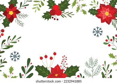 Illustration of berries and flowers for Christmas frame design. Natural backgrounds for posters, copy space and winter celebration cards 