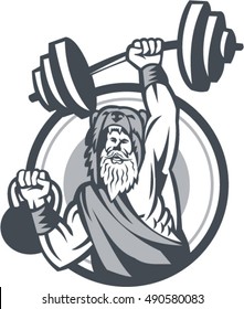 Illustration of a berserker, a champion Norse warrior wearing pelt of bear skin lifting barbell and kettlebell viewed from front set inside circle on isolated background done in retro style. 