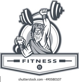 Illustration of a berserker, a champion Norse warrior wearing pelt of bear skin lifting barbell and kettlebell viewed from front set inside circle with the word Fitness done in retro style. 