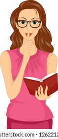 Illustration eines bespectacled Girl Holding a Book Doing the Hush Sign