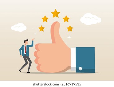 Ilustração da melhor classificação de estrelas, produto de alta qualidade ou serviço de boa qualidade, feedback de cliente de excelência, proprietário de empresa jovem com grande polegar para cima e classificação de 5 estrelas