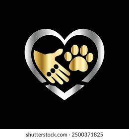 illustration best used for pet care, pet friendly logo.
Dog paw in dog and cat in heart shape. Vector illustration.