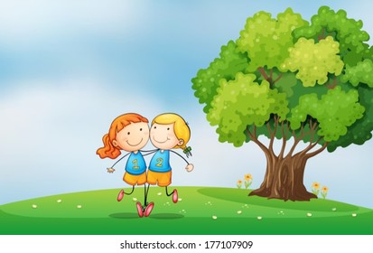 Illustration of the bestfriends at the hilltop near the tree