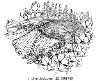 illustration of betta fish with flowers