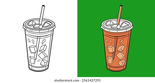 Illustration of a Beverage Cup Featuring Ice Cubes and a Straw.