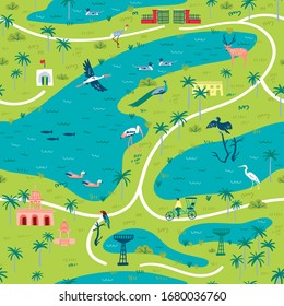 Illustration of Bharatpur Bird Sanctuary landscape map with lot of wetland birds. Seamless pattern can be printed and used as wrapping paper, wallpaper, textile, fabric, etc.